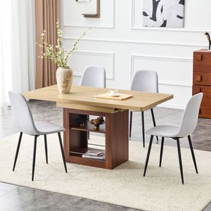 Set di 4 Sedie da Pranzo Moderne in Lino e Cotone Grigio Chiaro con Tavolo Allungabile da 59-71 Pollici - Product Image 3