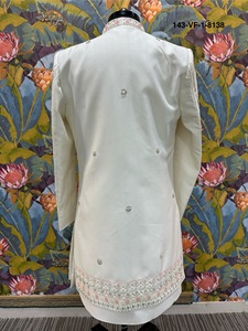 Imperial Pearl Ivory Divine Touch Base Sherwani Pastel Petal Teardrop Bib Silver Spike Coded Groom Coat - Product Image 5