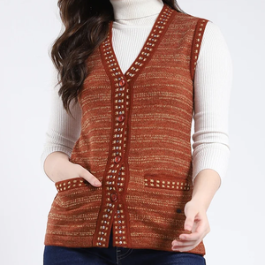 Gilet sans manches en tricot pour femme, col en V, motif rayé, fermeture à boutons, vêtements décontractés d'automne, 100% acrylique - Product Image 1