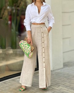 Women's Casual Eco-Friendly <b>Linen</b>/Cotton <b>Two</b>-<b>Piece</b> Set V-Neck Short Crop Top & Full-Length Loose Wide Leg Pants - Product Image 1