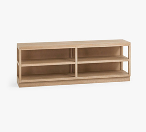 Bibliothèque scandinave moderne en bois basse, autoportante, avec étagères ouvertes à niveaux pour le rangement - Product Image 1