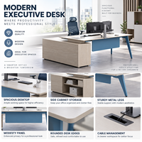 Bureau de direction moderne en forme de L avec armoire de rangement latérale, table de PDG/manager aspect bois pour espaces de travail contemporains
