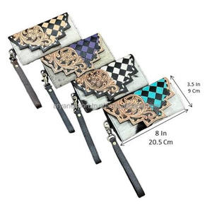 Nouveau portefeuille-bracelet en cuir de vachette artisanal, incrusté de motifs floraux à carreaux, style western, en cuir véritable, pochette pour femme - Product Image 2