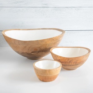 Attractive Wood <b>Serving</b> <b>Bowl</b> with Food-Safe White Enamel Interior <b>Large</b> Shallow Salad and Fruit <b>Bowl</b> for Modern Kitchen Decor - Product Image 1