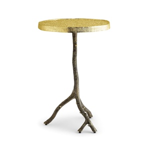 Mesa tapizada de lujo Saleem International 2026 con base decorativa de hoja de ginkgo en metal dorado para entrada o dormitorio - Product Image 1