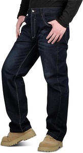 Jeans en denim stretch noir déchiré et délavé pour homme, coupe droite, respirant, haute qualité. - Product Image 2