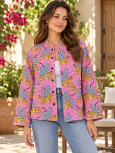 Chaqueta Acolchada de Algodón Hecha a Mano con Estampado de Leopardo, Abrigo Boho para Mujer - Product Image 1