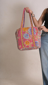 Vintage Cotton Kantha Boho Tote Bag Handstitched Reusable Shopping Bag Printed Design Jaif Textiles JF-024 Rajasthan Two Handles - Product Image 5