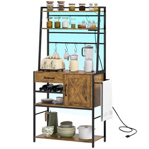 Scaffale da Cucina Industriale Marrone Rustico con Ripiani Aperti, Stazione di Ricarica, Portasciugamani LED - Multiuso per Abbigliamento - Product Image 1