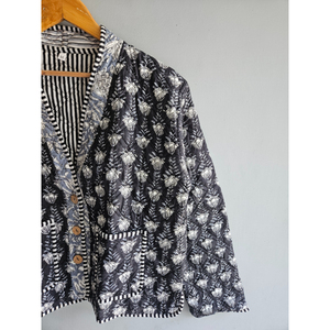 เสื้อแจ็คเก็ตผ้าฝ้ายแบบกลับด้านได้ ลายพิมพ์บล็อกทำมือ ลายดอกไม้ เสื้อโค้ทผู้หญิง สำหรับฤดูใบไม้ร่วงและฤดูหนาว ของขวัญสำหรับเธอ - Product Image 3