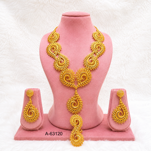 Ensemble de colliers traditionnels de luxe pour femmes - Bijoux de mariée plaqués or et argent avec boucles d'oreilles A-63116 - Product Image 5