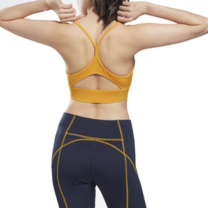 Soutien-gorge de sport jaune à col en V et bretelles spaghetti pour femme, maintien moyen, respirant, sans coutures, pour yoga et activités sportives, couleur unie - Product Image 3