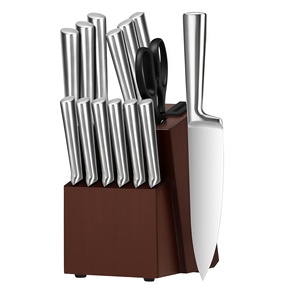 Bulk Wholesale 14 PCS Kitchen Knife Set All‑Stainless‑Steel Handle Knife <b>Block</b> Set <b>Wooden</b> <b>Block</b> with Built‑in Sharpener - Product Image 1