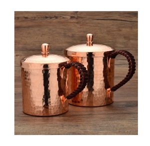 Minimalist Pure Copper Mug Set Hammered Moscow Mule <b>Glasses</b> 2 Piece Tankard with Lids Cord Wrapped Handle Beer Stein 112_3.jpg - Product Image 3