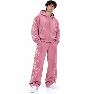 Men's <b>Pink</b> Hooded Tracksuit Full Length Loose Fit Casual <b>Sweatshirt</b> And Pants Set With Floral Print Side Pockets Autumn Wear - Product Image 1