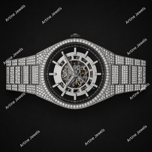 Silver Skeleton Dial Diamond Watch Crystal Bezel Open Gear Face Luxury Sparkling Timepiece Elegant Fashion Gift For Men - Product Image 2