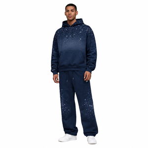 Conjuntos de Sudadera con Capucha y Pantalones Jogger de Lujo Azul Marino con Pedrería, Chándal de Forro Polar Oversize Estilo Urbano, Fabricante Mayorista OEM ODM de Marca Privada - Product Image 1