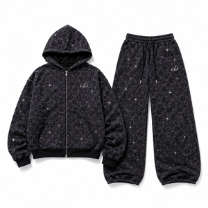 Custom Leopard <b>Camo</b> Print Rhinestone Zip Up Boxy <b>Men</b> <b>Hoodies</b> Oversized Wide Leg Joggers 100% Cotton 450 GSM Fleece Drop Shoulder - Product Image 5