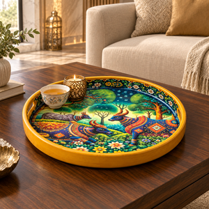 Bandeja de Servir Tradicional de Madera Natural Esmaltada en Colores Vibrantes |   Decoración de Boda con Diseño de Bosque de Vacas Coloridas para Mesa de Té, Café y Aperitivos - Product Image 2