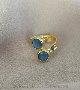 Anillo de ojo de Gato Azul Diseño de textura bohemio Anillo de doble piedra Joyería artesanal festiva - Product Image 2