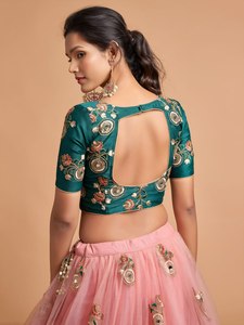 Pink Long <b>Net</b> Lehenga Choli Set with Real Mirror Work and Sequences Embroidery for Indian Wedding Dress for Women - Product Image 5