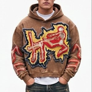Sweat-shirt à capuche surdimensionné pour homme, le plus demandé, avec imprimé floqué squelette, en molleton de coton marron, style streetwear, pour l'automne - Product Image 1