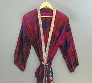 Robe Kimono d'été pour femmes 100% soie, imprimé Paisley, coupe ample, avec cordon de serrage, manches trois quarts - Product Image 1