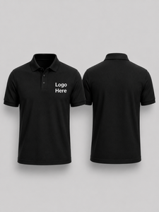 เสื้อเชิ้ตแขนสั้นสีดำสำหรับผู้ชาย ผ้าถักโพลีเอสเตอร์/คอตตอน ระบายอากาศได้ดี สไตล์ลำลอง ติดกระดุมด้านหน้า ปักโลโก้ตามสั่ง - Product Image 1