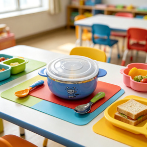 Bol pour bébé en acier inoxydable bleu avec couvercle, design mignon de dessin animé pour enfants, ensemble d'alimentation avec cuillère - Product Image 6