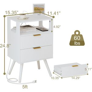 Comodino Moderno Bianco con Stazione di Ricarica LED, 2 Cassetti e Ripiano Aperto in Legno per Camera da Letto - Product Image 1