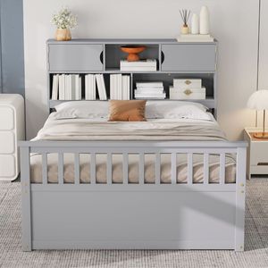 Full-Size Gray Captain Platform Bed Frame with Storage <b>Bookcases</b> & Shelves 4 Drawers-<b>Wooden</b> Beds - Product Image 4