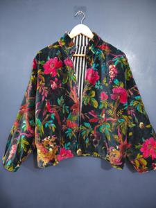 Handmade Suzani Velvet Jacket Floral Print Velvet Jacket Mandarin Collar <b>Three</b> Quarter Sleeve Loose Fit Casual Autumn Wear - Product Image 3
