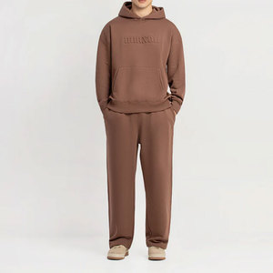 Ensemble de survêtement marron imprimé pour homme avec capuche, pantalon de survêtement long et sweat-shirt, logo en relief, taille élastique, 100 % coton, style streetwear - Product Image 1