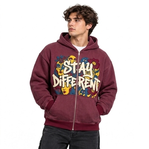 Sudadera con capucha de algodón personalizada con cremallera completa y estampado gráfico en relieve para hombre, estilo casual urbano - Product Image 5