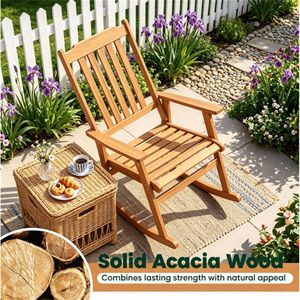 Sedia a dondolo da esterno in legno massello di acacia con capacità di carico elevata (400 libbre), schienale a doghe per portico, terrazza e giardino - Product Image 3