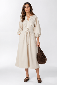 Robe Bohème Minimaliste en Coton avec Ceinture – Élégante Robe Longue Unie à Manches Courtes Respirante Coupe Trapèze pour Femme - Product Image 2