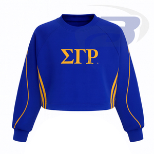 เสื้อครอปสีน้ำเงินและสีทองของชมรมซิกมาแกมมาโร พร้อมลายปักสีทองและดีไซน์ลายพิมพ์  สำหรับชมรม SGR ชุดนักศึกษา - Product Image 2