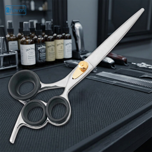 Ciseaux de barbier en acier inoxydable avec poignée en caoutchouc silicone noir, ciseaux à cheveux à 3 doigts, bord lisse, logos personnalisés - Product Image 3