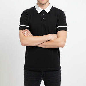 Polo de Golf de Verano de Alta Calidad 100% Algodón para Hombre, Color Negro Sólido, Cuello Blanco y Mangas con Rayas, Ropa Deportiva Moderna - Product Image 1