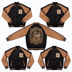 Blouson Bomber en Satin Noir et Or avec Fermeture Éclair, Manches Raglan, Broderie Graphique au Dos, Style Universitaire, Vente en Gros - Product Image 1