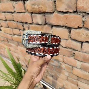 Nuevo cinturón de vaquero tallado a mano completo de estilo occidental Vaquero Cinto con hebilla antigua de latón blanco Fabricante Mayorista - Product Image 1