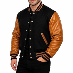 Unisex Black Varsity Jacket Hooded Breathable Wool/Viscose Sleeves Single <b>Button</b> Closure Casual Outerwear Regular Fit Autumn - Product Image 1