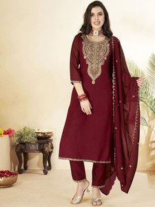 Ensemble Kurta Pantalon Dupatta en Soie Brodé Vichitra, Tenue Ethnique de Créateur avec Broderie de Paillettes et Cordon, Idéal pour Mariages et Fêtes, Salwar Kameez - Product Image 2