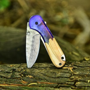 Custom Industrial Grade Damascus Steel Folding <b>Knife</b> Olive Wood Purple Resin Handle Clip Point 7.5 Inches EDC Pocket <b>Knife</b> - Product Image 4