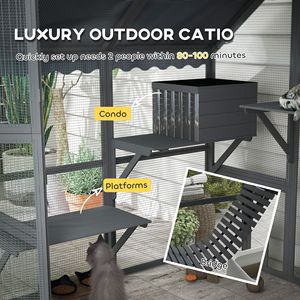 Recinto per Gatti in Legno Impermeabile con 2 Cucce, 4 Piattaforme, Ponte e Porte, per Gatti Multipli, Grigio - Product Image 4