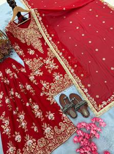 Ensemble 3 pièces palazzo en faux georgette épaisse pour femme, avec broderie de sequins, manches fantaisie, bordure Latkan, dupatta en dentelle prête à l'emploi, séchage rapide - Product Image 5