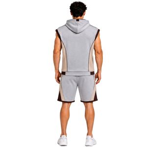 Mens Light Grey Beige Dark <b>Brown</b> Sleeveless Hooded Tracksuit <b>Set</b> Custom Logo <b>Gym</b> Fitness Training Sports Hoodie And Shorts - Product Image 2