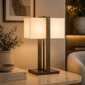 Lámpara de Mesa Metálica Summit Frame con Base Geométrica de Hierro Abierta, Pantalla de Lino Premium, Iluminación Ambiental Cálida para Hogares Modernos - Product Image 6