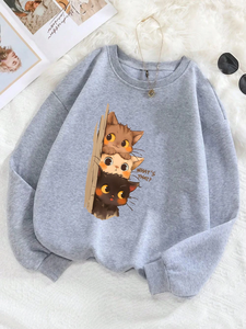 Sweat-shirt à capuche basique sportif pour l'automne-hiver 2026 avec impression 'Trois petits chats vous observent discrètement' - Product Image 6