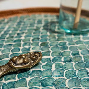 Natural rattan <b>table</b> with mother-of-pearl inlay. Beautiful garden cafe <b>table</b>, <b>balcony</b> tea <b>table</b>. - Product Image 2